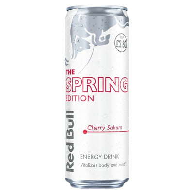 Red Bull Cherry Sakura energy drink can on a white background
