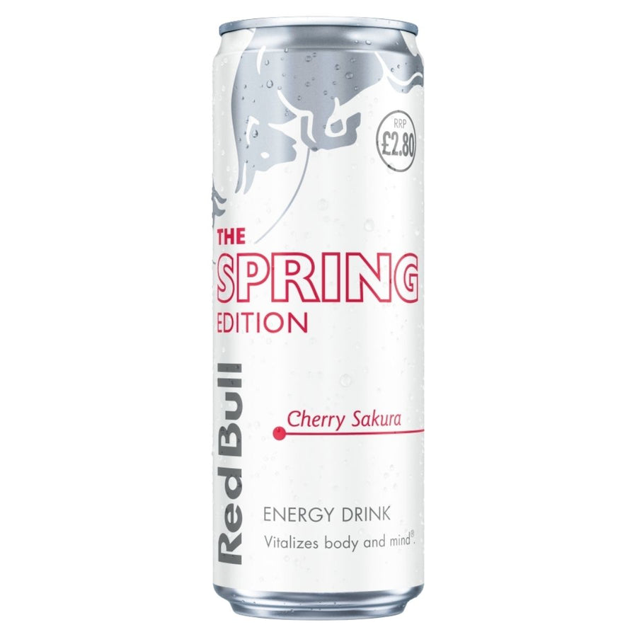 Red Bull Cherry Sakura energy drink can on a white background