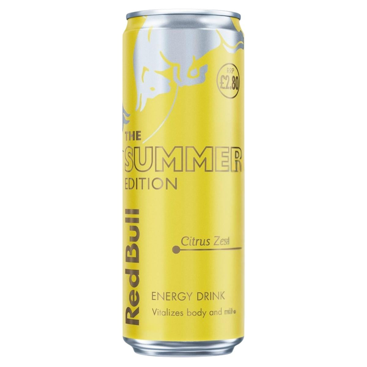 A 473ml can of Red Bull - Citrus Zest Energy Drink, known for its vibrant citrus flavour, with a price label of £2.80.