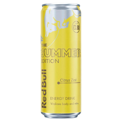 A 473ml can of Red Bull - Citrus Zest Energy Drink, known for its vibrant citrus flavour, with a price label of £2.80.