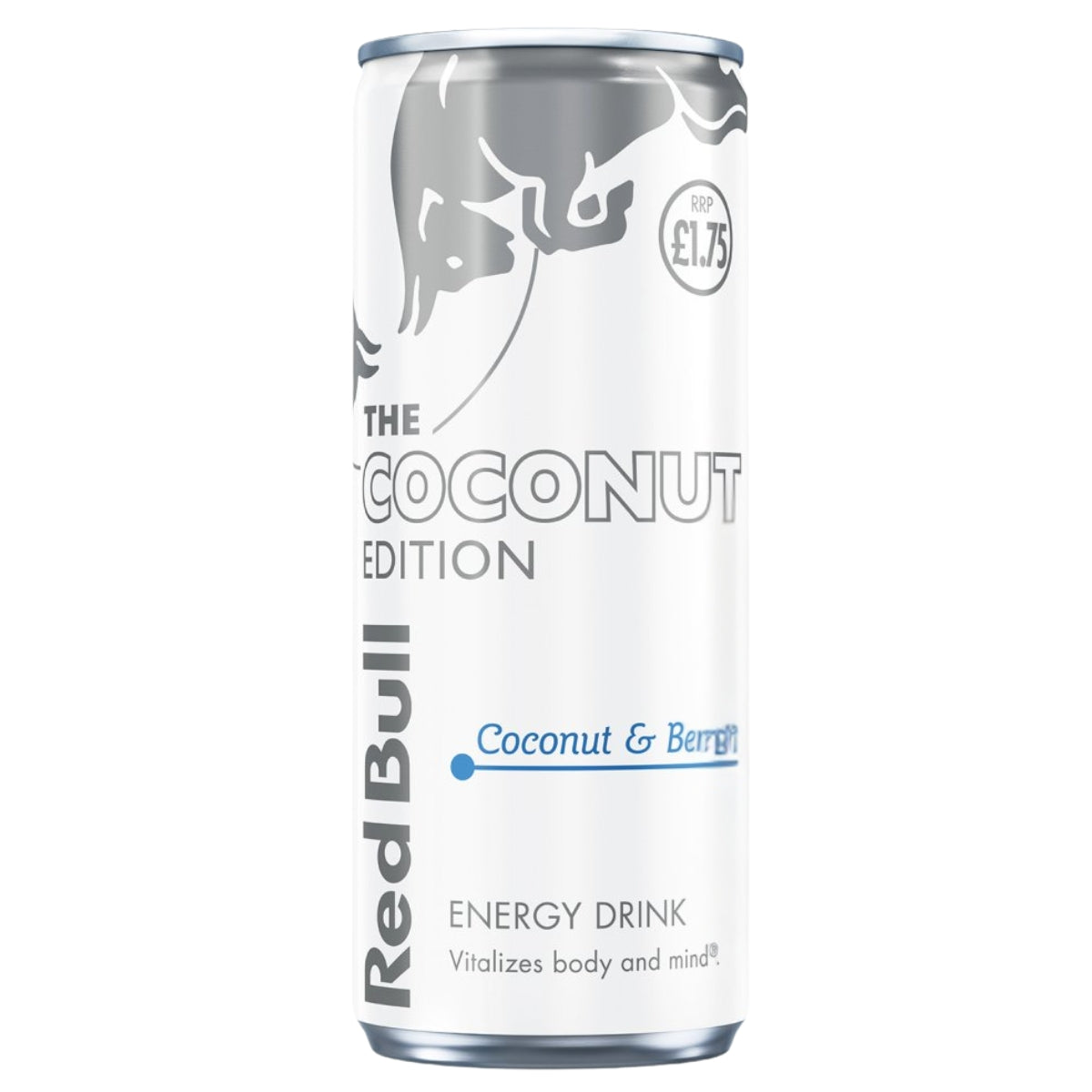 A 250ml can of Red Bull - Coconut & Berry Energy Drink, featuring a coconut and berry flavor, a silver and white design, and priced at £1.75.
