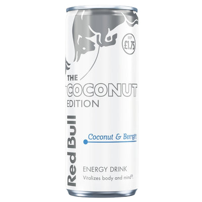 A 250ml can of Red Bull - Coconut & Berry Energy Drink, featuring a coconut and berry flavor, a silver and white design, and priced at £1.75.