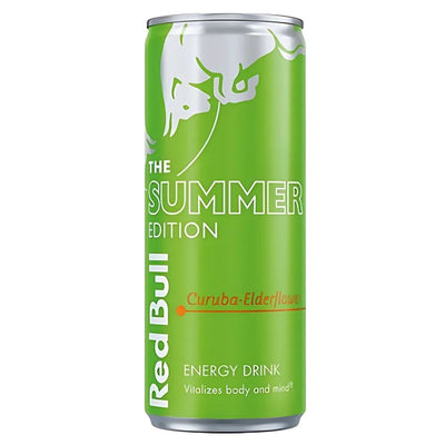 A 250ml can of Red Bull Curuba & Elderflower Energy Drink delivers a natural lift with curuba and elderflower flavors, white and yellow text, plus the signature Red Bull logo on a green background.