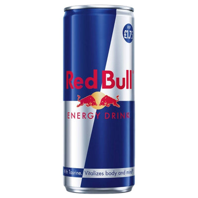 A 250ml can of Red Bull Energy Drink by Red Bull, featuring a blue and silver design, delivers an energizing boost and is priced at £1.75.