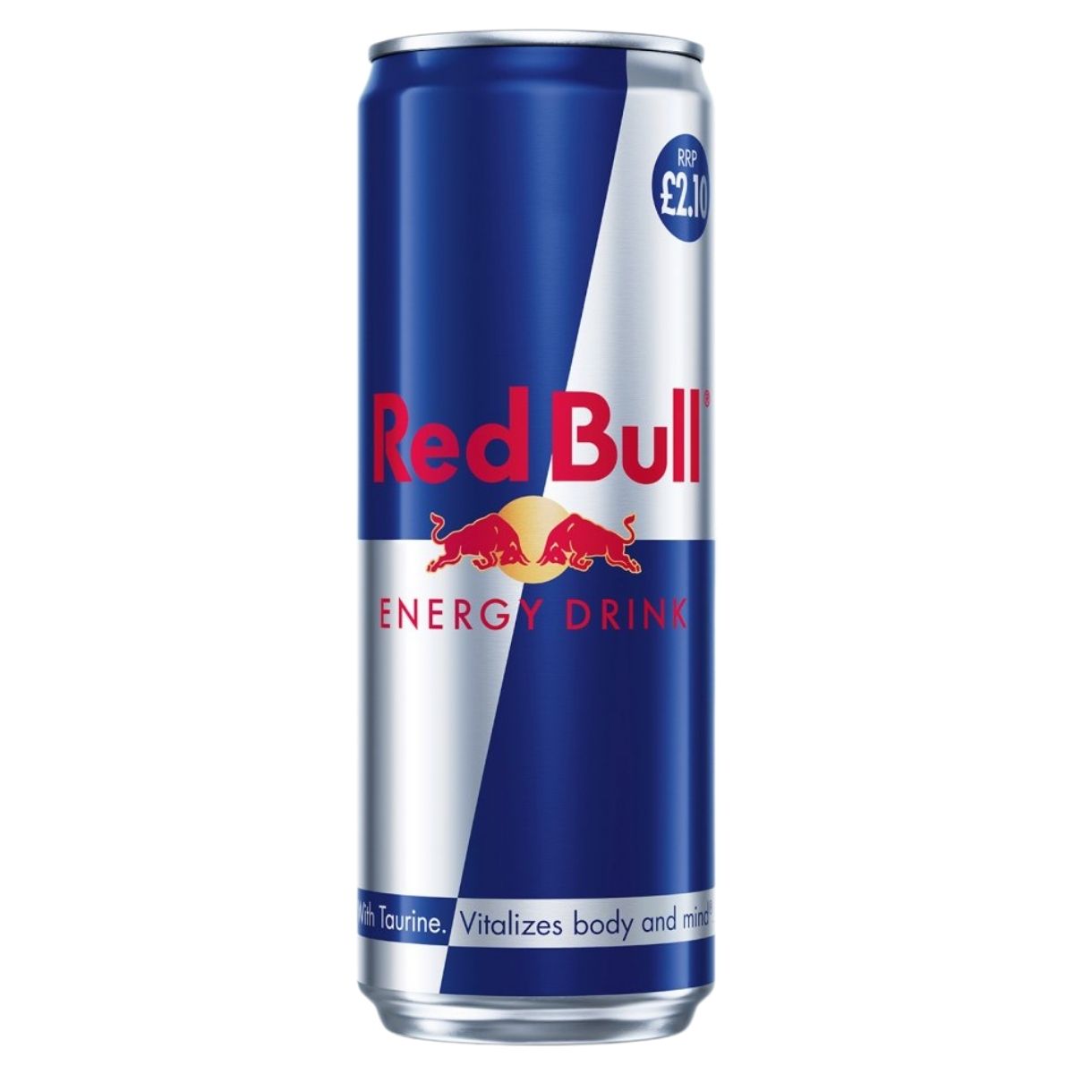 A 355ml can of Red Bull Energy Drink featuring the classic blue and silver design with the Red Bull logo and a £2.10 price tag—ideal for a quick energy boost.