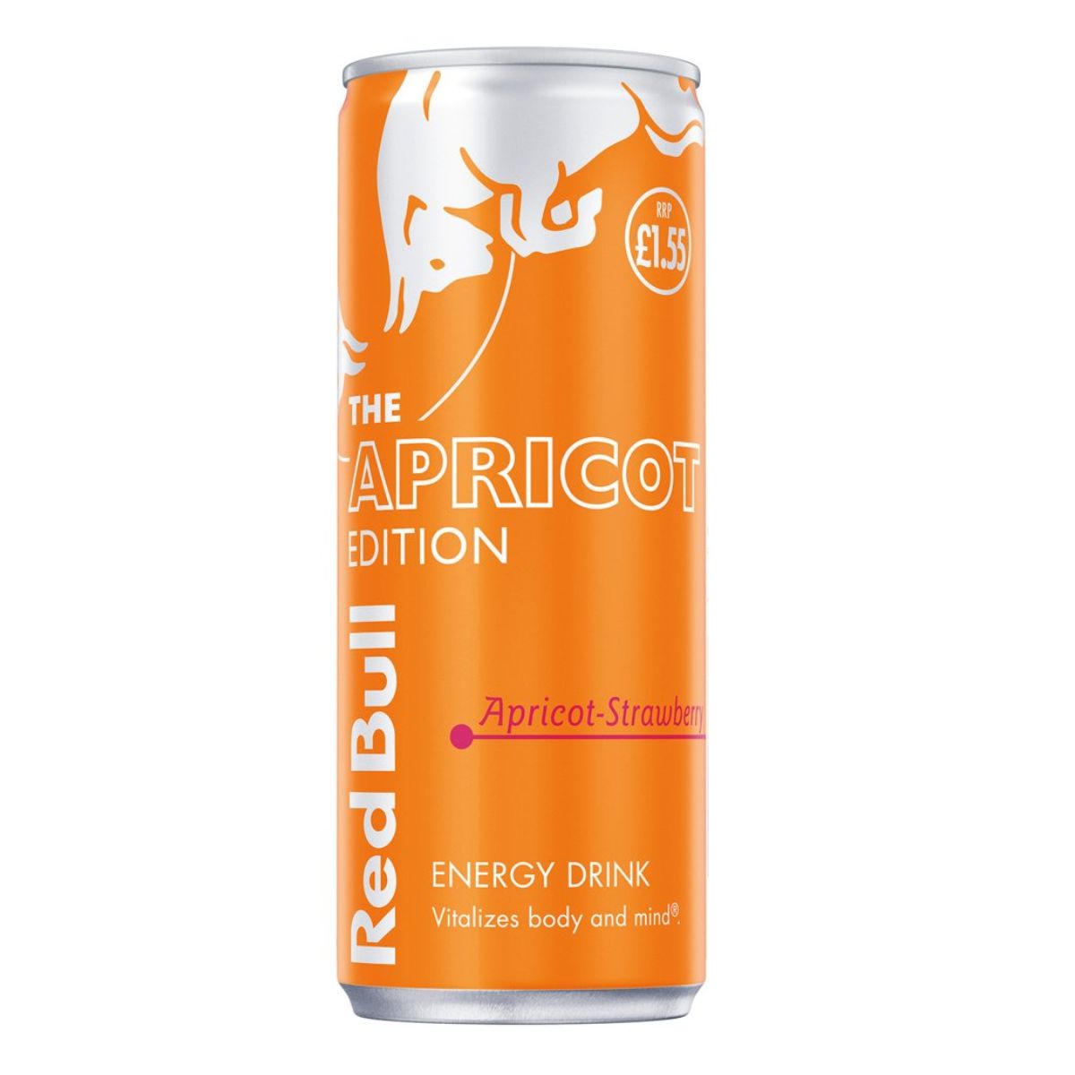 A can of Red Bull - Energy Drink Apricot Edition - 250ml, with apricot-strawberry flavor, priced at 1.55, colored in vibrant orange.