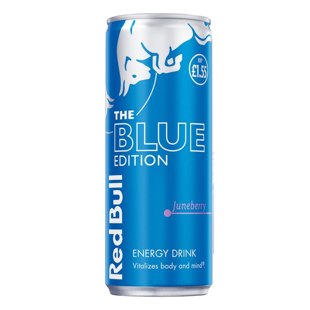 Can of Red Bull The Blue Edition energy drink with blueberry flavor, featuring a blue and silver design. Price tag shows £1.55.
Product Name: Red Bull - Energy Drink Blue Edition - 250ml