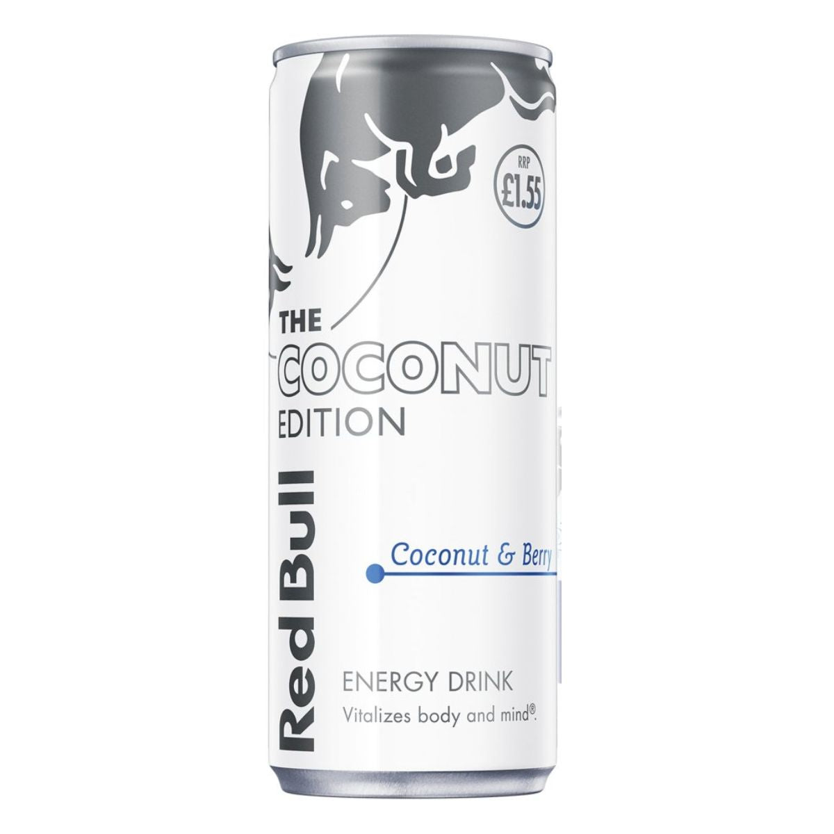 A can of Red Bull - Energy Drink Coconut Edition - 250ml, an energy drink with a refreshing coconut and berry flavor, priced at £1.55, featuring the logo and slogan "vitalizes body and mind.