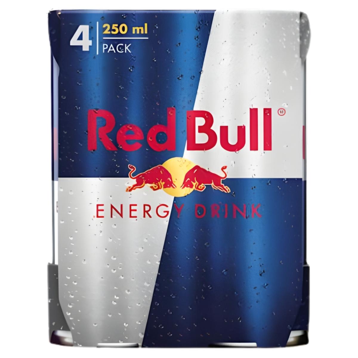 A Red Bull Energy Drink Multipack (4 x 250ml cans) by Red Bull, each can infused with caffeine, displayed against a plain background.