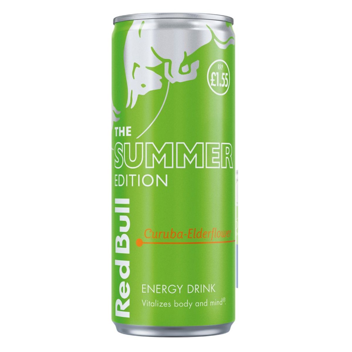 A can of Red Bull - Energy Drink Summer Edition Curuba & Elderflower, priced at £1.55, colored in vibrant green with white text.