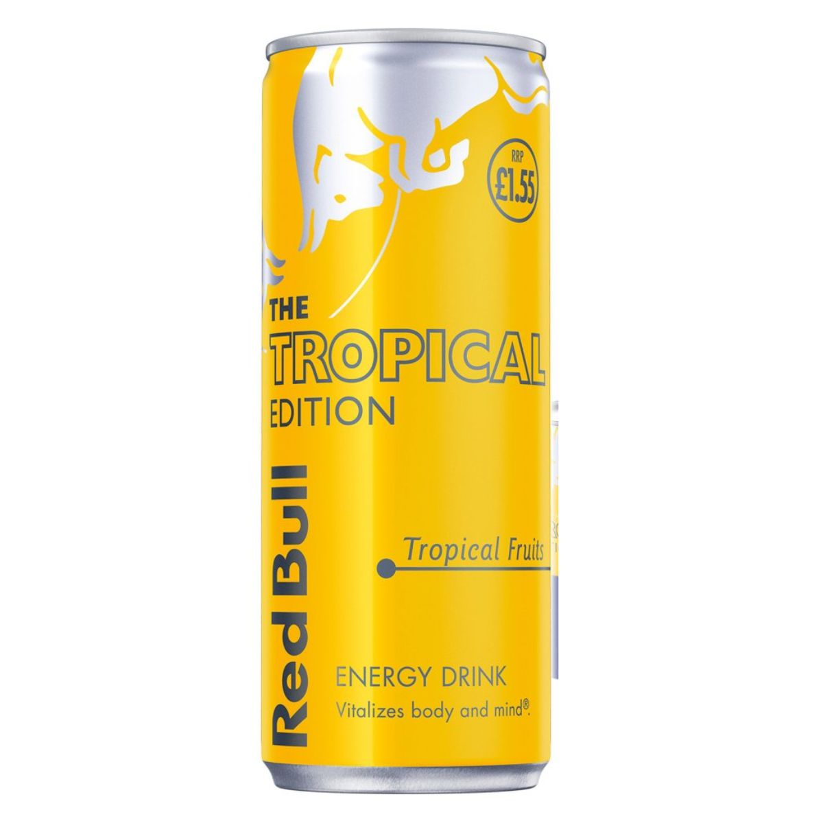 A can of Red Bull - Energy Drink Tropical Edition - 250ml, featuring a bright yellow design with an illustration of a bull and tropical fruits, priced at £1.55.