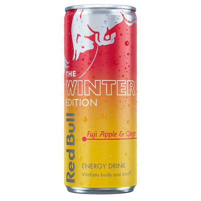 A chilled 250ml can of Red Bull Fuji Apple & Ginger Energy Drink, with condensation on the surface—ideal for a refreshing energy boost.