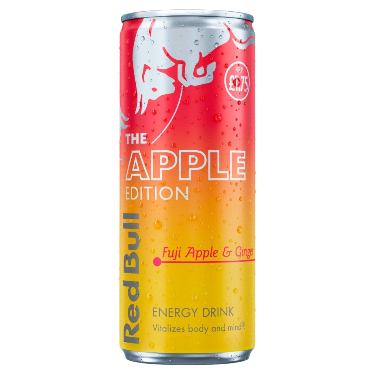 Red Bull Apple Edition energy drink can on a white background