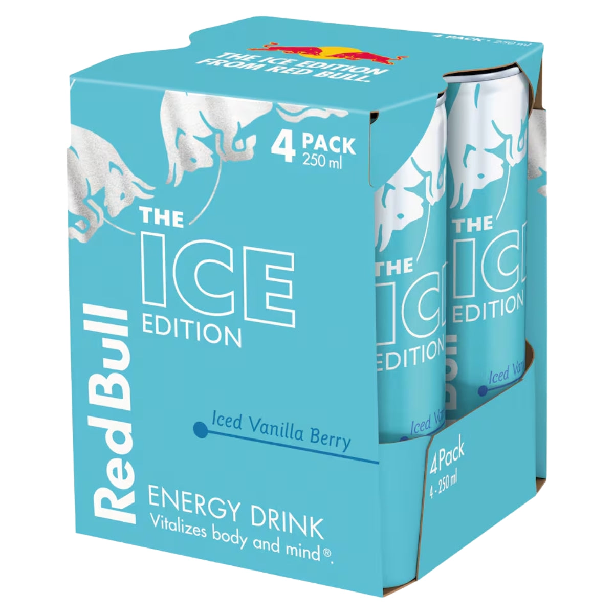 Red Bull - Ice Edition Iced Vanilla Berry Multipack Energy Drink, 4x250ml cans, featuring blue packaging with white text and the signature bull logo.