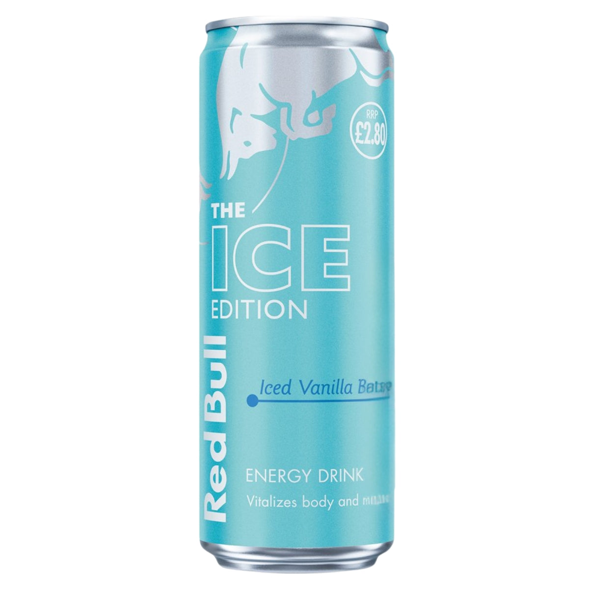A large 473ml can of Red Bull - Iced Vanilla Berry Energy Drink, branded in bold blue and silver, price marked £2.80 and featuring the slogan “Vitalizes body and mind.”.