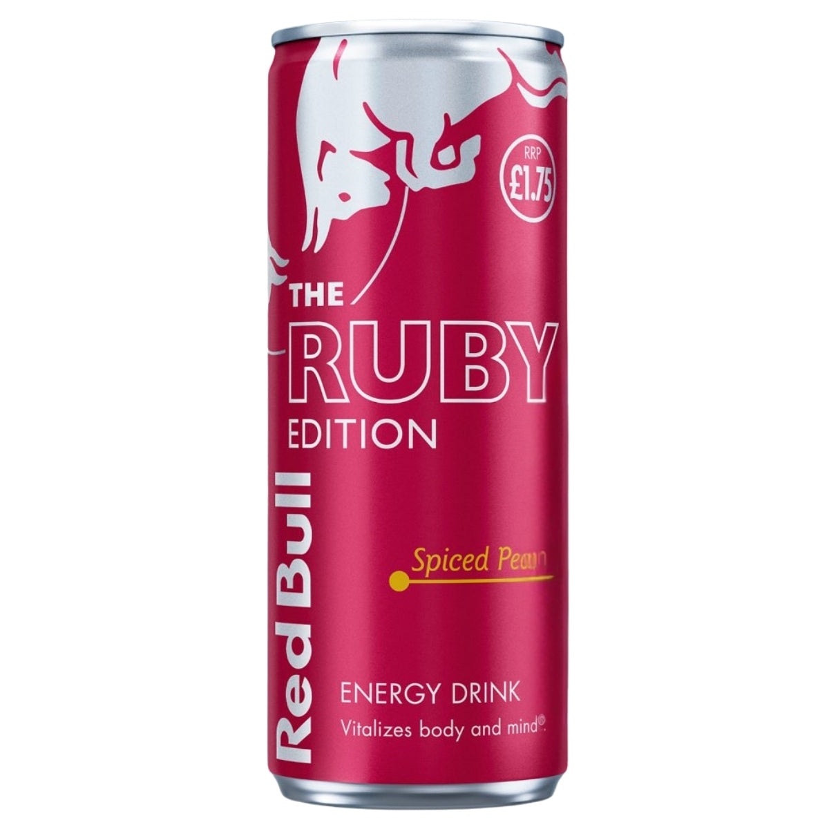 A 250ml can of Red Bull Spiced Pear Energy Drink, featuring a red and silver design with a £1.75 price label on the top right.