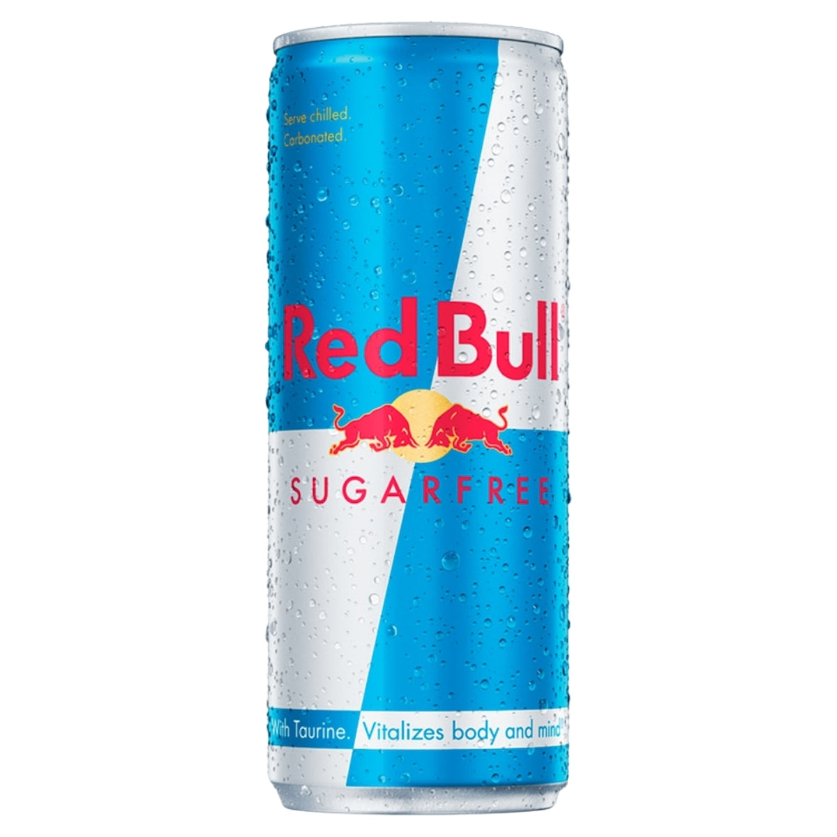 A chilled 250ml can of Red Bull - Sugar Free Energy Drink, with refreshing water droplets glistening on its signature blue and silver design.