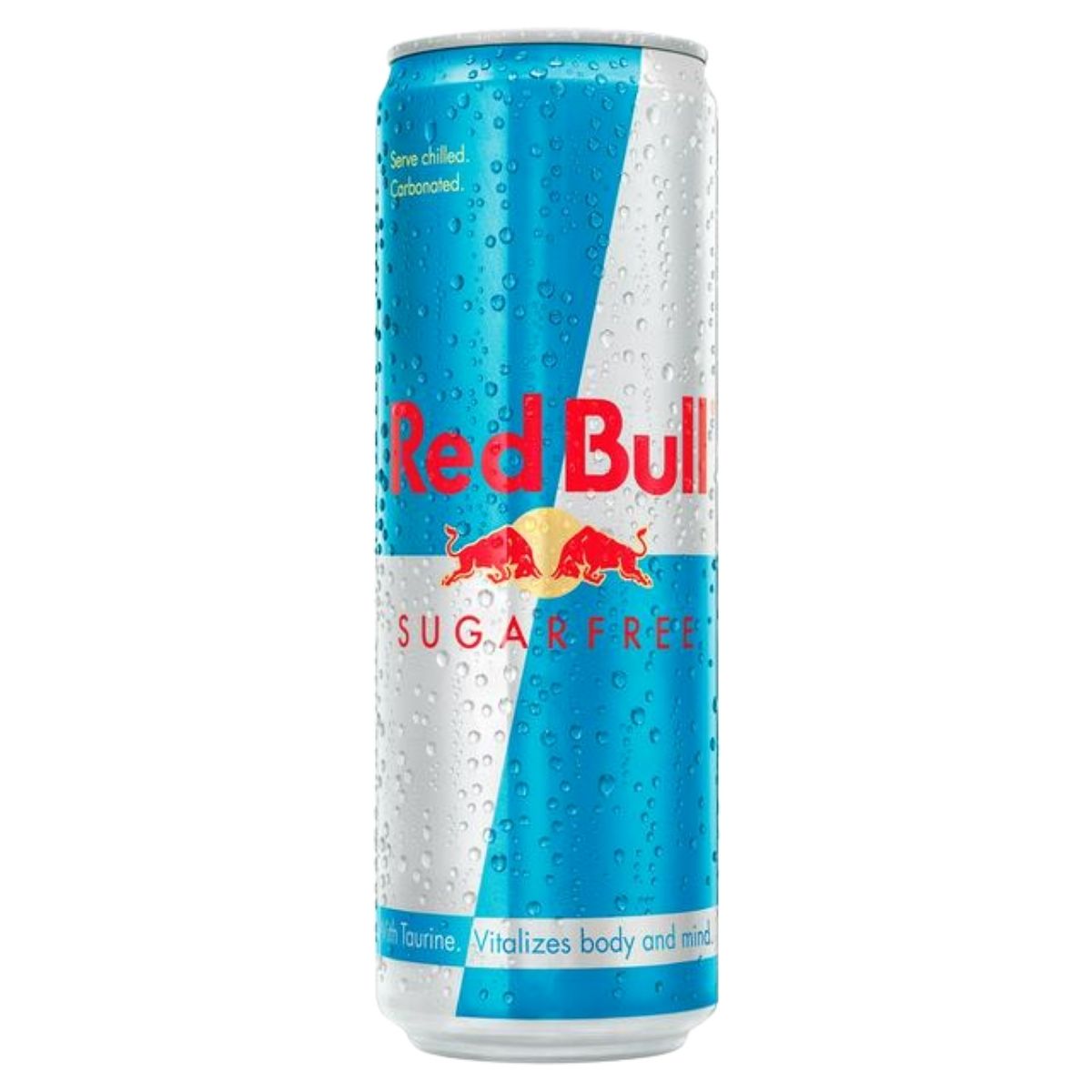 A 473ml can of Red Bull Sugar Free Energy Drink with blue, silver, and red branding, chilled with visible condensation on a white background.