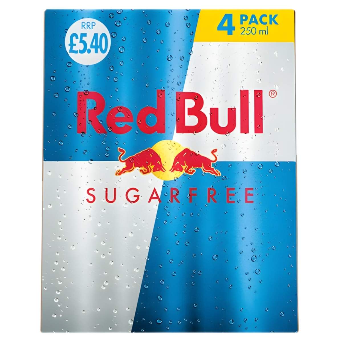Red Bull - Sugar Free Energy Drink Pack (4x250ml) by Red Bull, in a blue and silver box with water droplets for a refreshing look, is priced at £5.40.