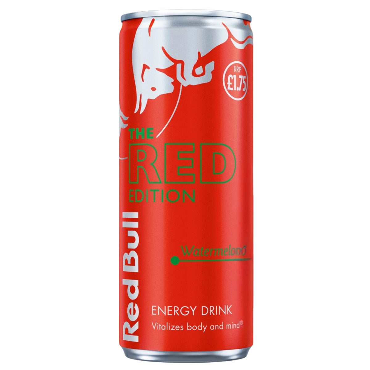 A 250ml can of Red Bull - Watermelon Energy Drink, priced at £1.75, features green and white text and a bull graphic on a vibrant red background.
