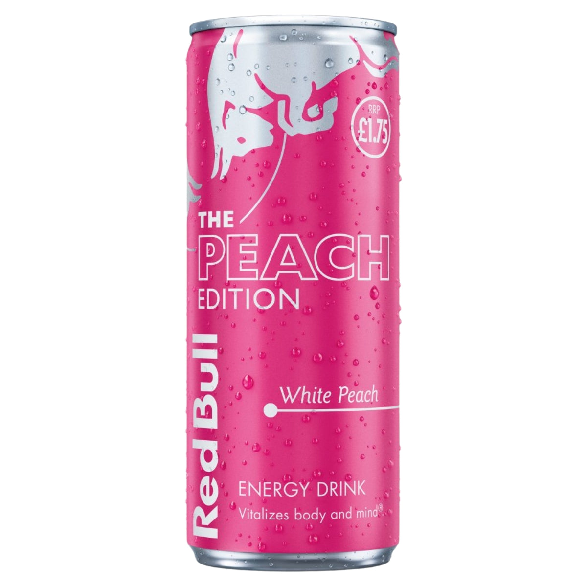 A 250ml can of Red Bull - White Peach Energy Drink, featuring condensation on the surface, is priced at £1.75.