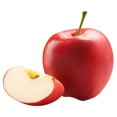Red Apple - Each: A whole red apple with a green stem sits beside a single slice revealing the white interior and seeds on a plain white background—an ideal choice to boost your daily fruit intake.
