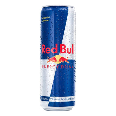 A chilled 473ml can of Red Bull Energy Drink, its blue and silver packaging covered in condensation, awaits to energize and refresh you.
