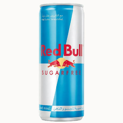 A 250ml Red Bull Sugar Free Energy Drink with blue, silver, and red branding in English and Arabic. Packed with caffeine, it offers a refreshing energy boost without sugar.