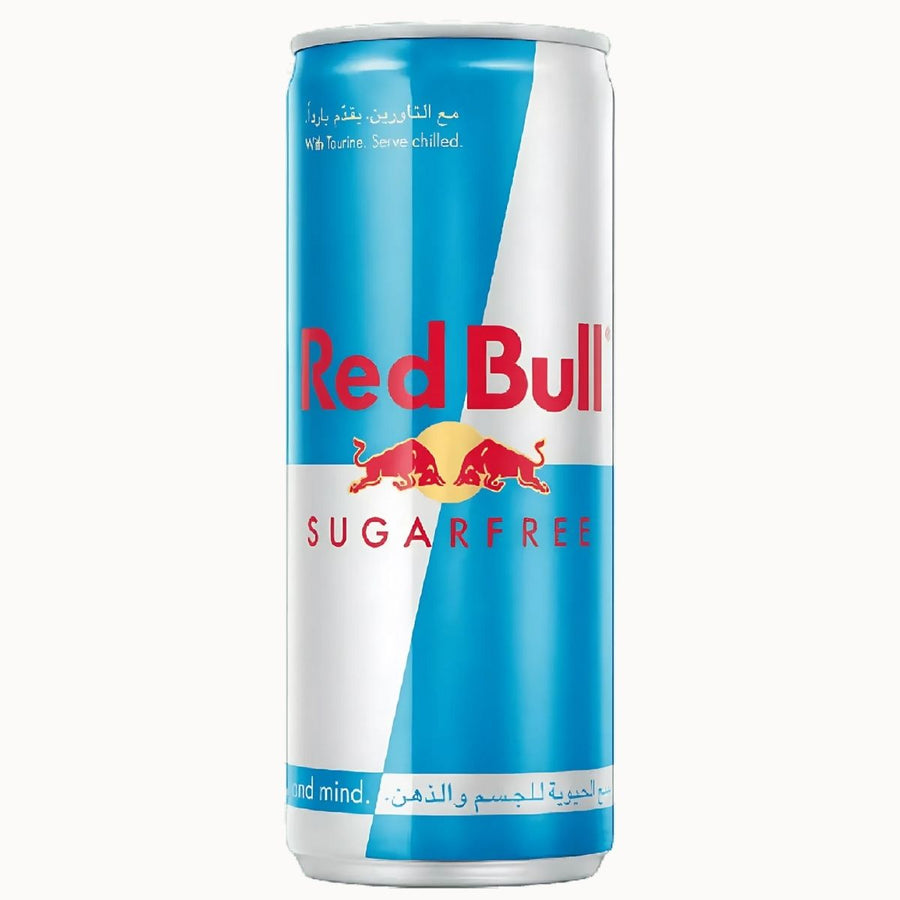 A 250ml Red Bull Sugar Free Energy Drink with blue, silver, and red branding in English and Arabic. Packed with caffeine, it offers a refreshing energy boost without sugar.