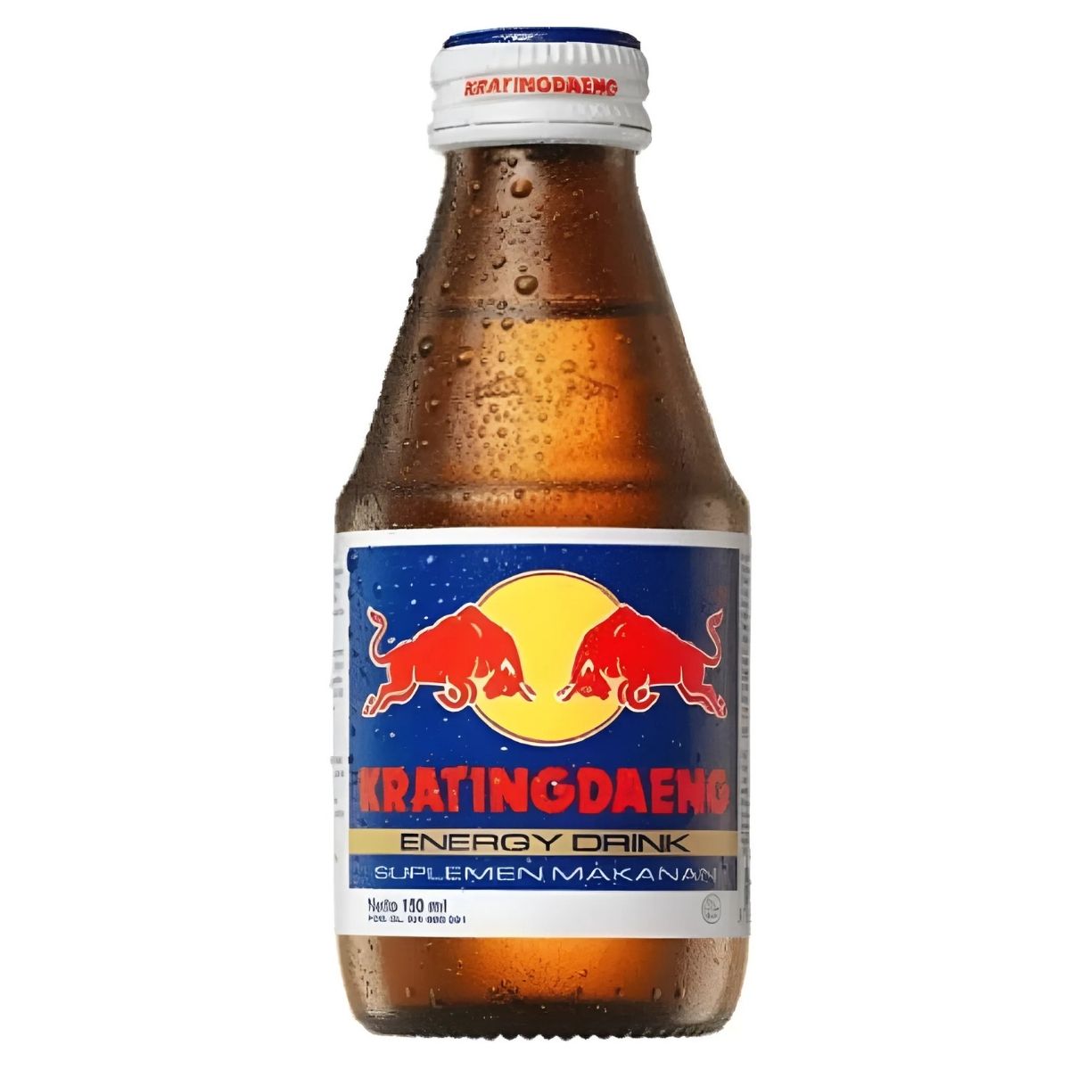 A 150ml bottle of Redbull-Kratingdaeng Energy Drink features two red bulls against a vibrant yellow sun on its blue and red label, offering a rejuvenating boost.