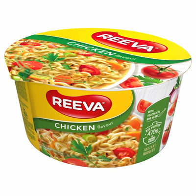 Reeva - Chicken Flavour Instant Bowl Noodles (75g) features dried natural vegetables and packaging with images of noodles and tomatoes for a homemade taste.