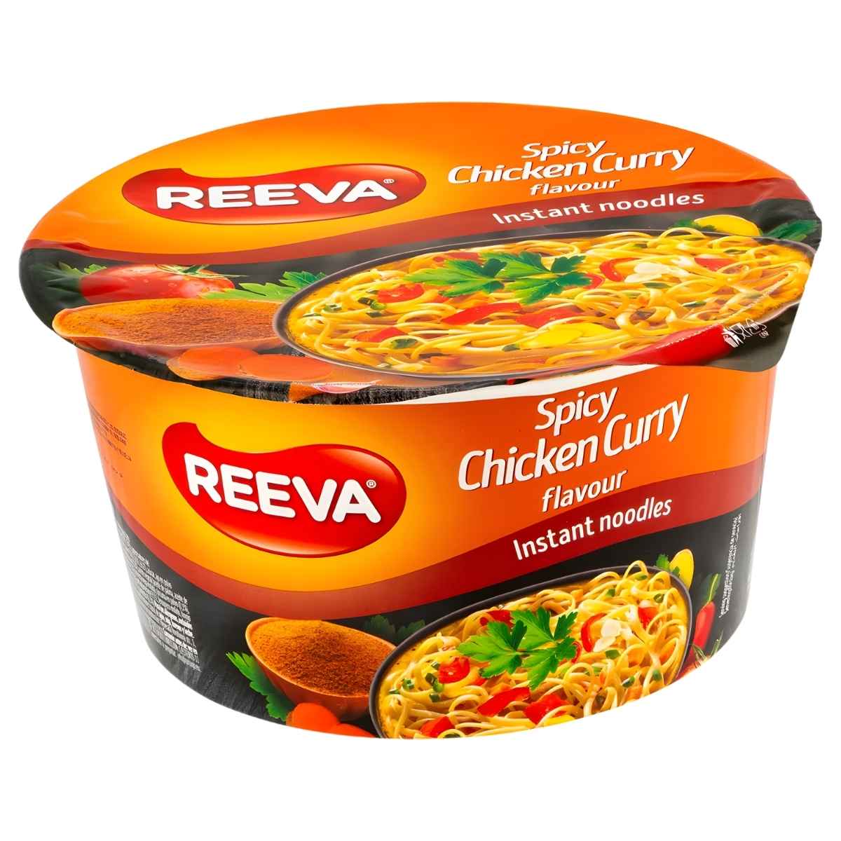 A 75g Reeva Spicy Chicken Curry Instant Bowl Noodles, featuring appetizing noodle and spice images on the packaging, brings you that delicious homemade flavor.