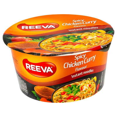 A 75g Reeva Spicy Chicken Curry Instant Bowl Noodles, featuring appetizing noodle and spice images on the packaging, brings you that delicious homemade flavor.