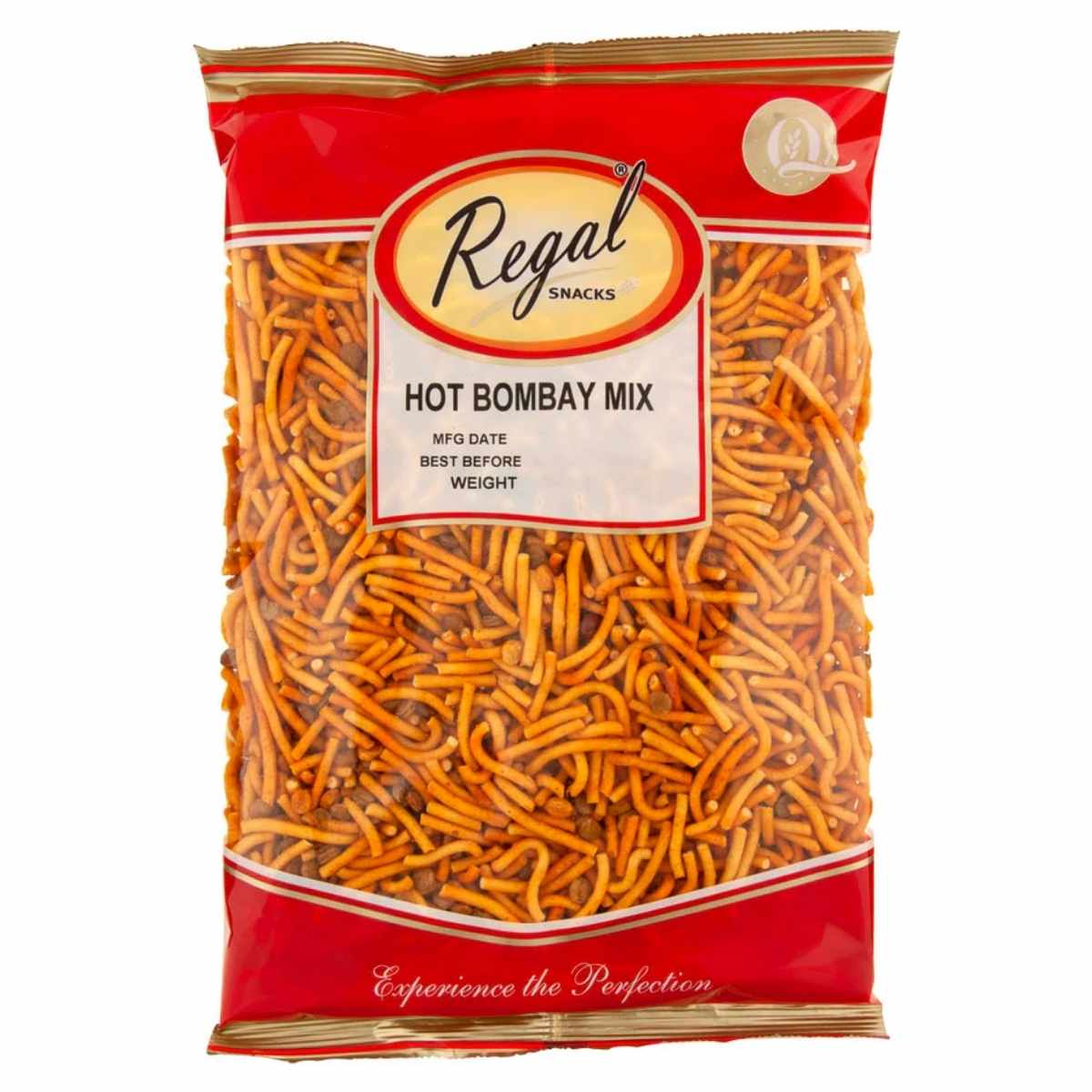 A 375g bag of Regal Hot Bombay Mix Snacks, featuring a transparent section displaying spicy noodle snacks, comes packaged with a red banner and gold accents.