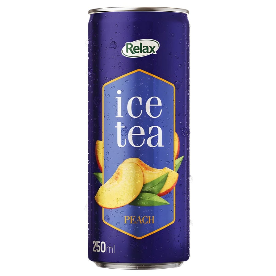 Relax - Ice Tea Peach - 250ml by Relax is a refreshing plant-based, non-alcoholic tea featuring peach slices and green leaves on a blue background—perfect for relaxing any time of day.