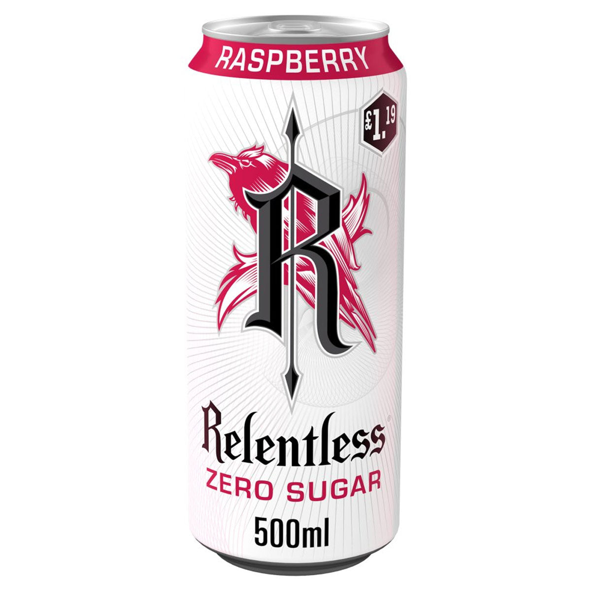 A can of Relentless - Zero Sugar Raspberry - 500ml.