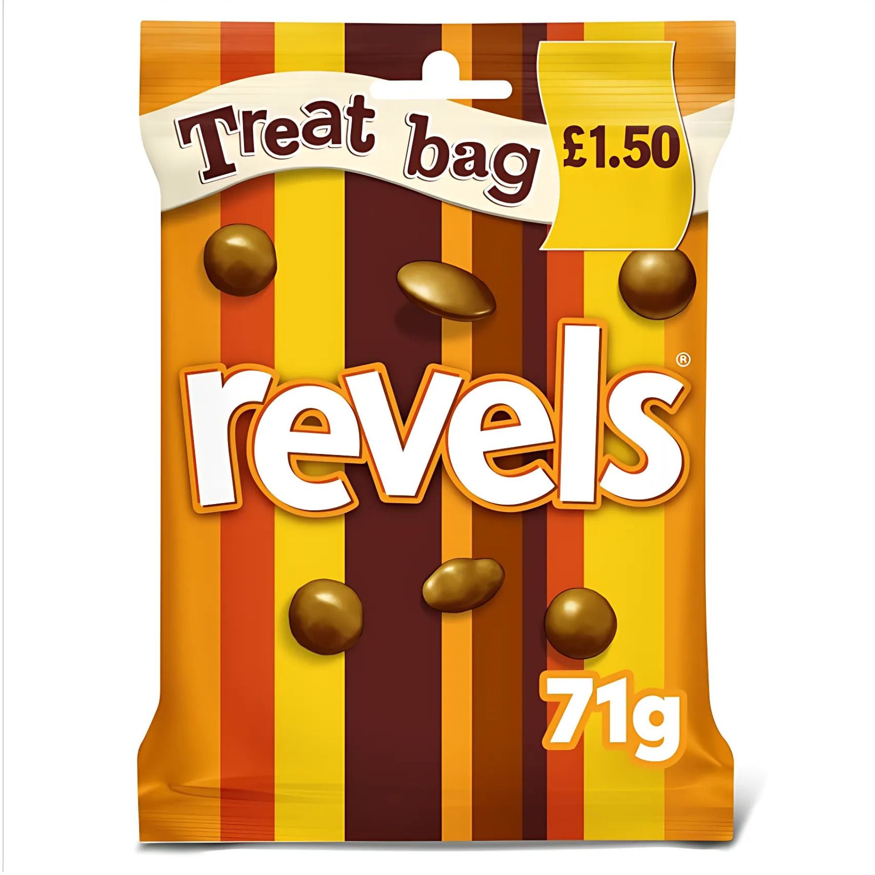 The 71g Revels - Chocolate Treat Bag features orange and brown stripes, is filled with milk chocolates with assorted centres, labeled "Treat bag," and costs £1.50.