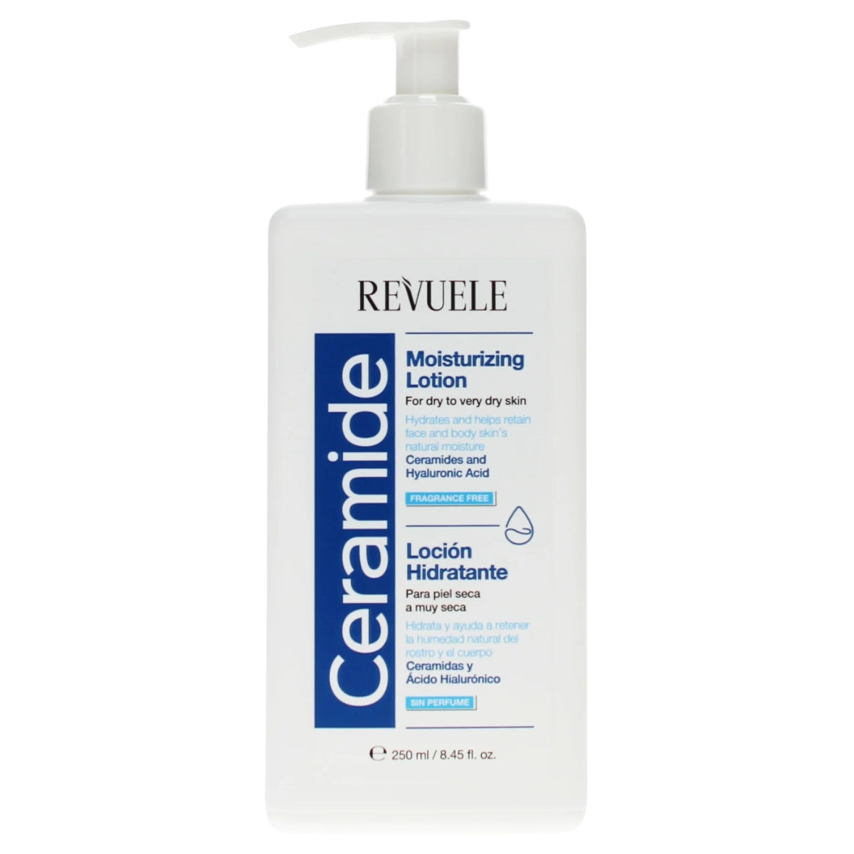 A 250 ml white bottle of Revuele - Ceramide Moisturizing Lotion For Dry Skin, featuring a pump dispenser and bilingual English and Spanish labeling.