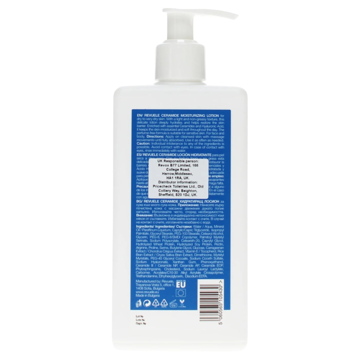 Back of a white pump bottle of Revuele Ceramide Moisturizing Lotion for Dry Skin (250ml), displaying the blue label with product information and ingredients list.