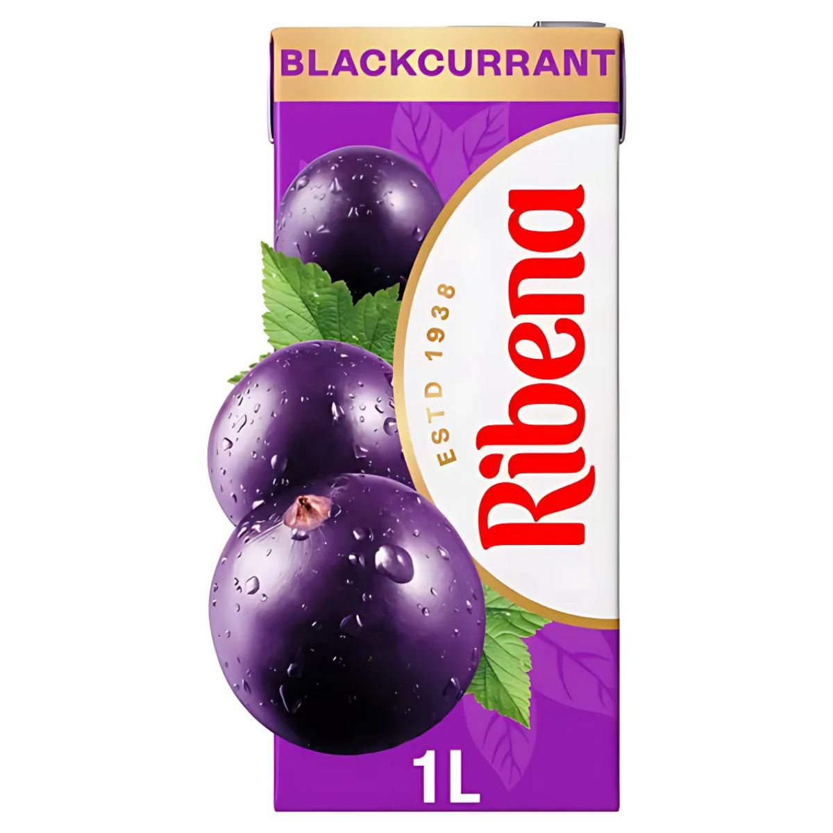 A 1L carton of Ribena - Blackcurrant Juice Drink featuring blackcurrants, green leaves, a purple background, the Ribena logo, “ESTD 1938,” and packed with vitamin C.