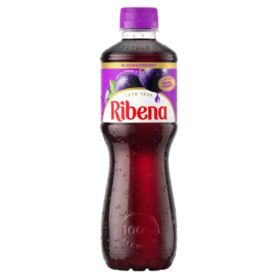 A bottle of Ribena Blackcurrant juice with a purple cap and a purple label featuring the red Ribena logo, shown on a plain white background.