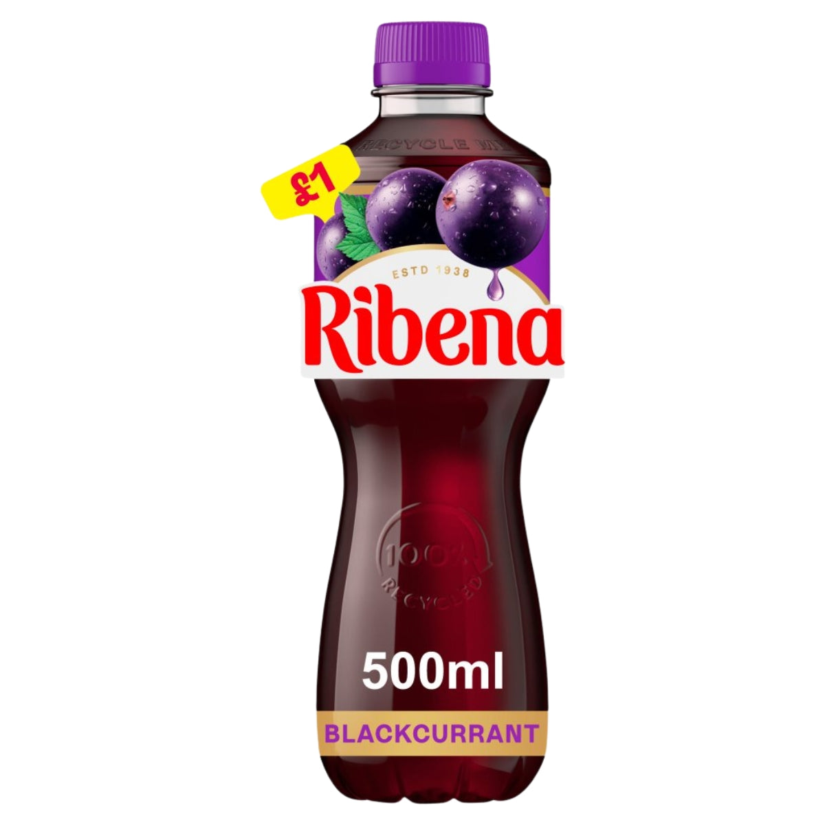 A 500ml bottle of Ribena Blackcurrant juice with a purple cap, featuring a yellow price sticker showing '£1' on a white background.