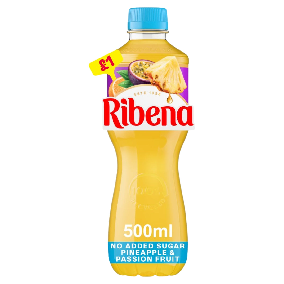 A 500ml bottle of Ribena Pineapple & Passion Fruit drink, featuring a bright yellow-orange liquid, a blue cap, and a colorful label with a pineapple and passion fruit illustration. A yellow price sticker showing '£1' is attached near the top.