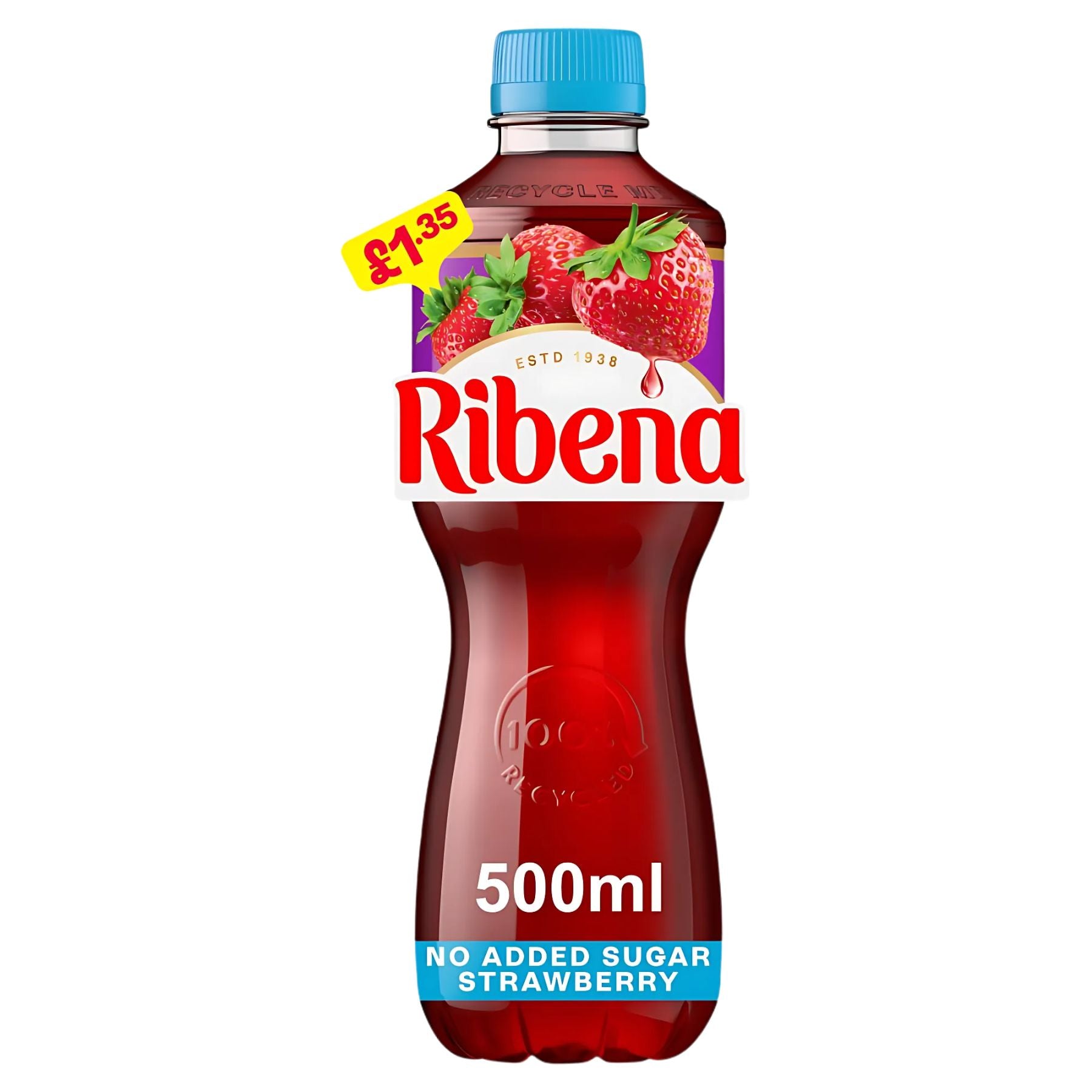 A 500ml bottle of Ribena Strawberry Juice Drink with no added sugar, blue cap, strawberry-themed label, and a £1.35 price tag.