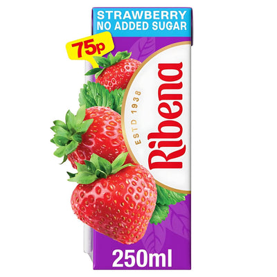 A 250ml Ribena Strawberry Juice Drink Carton (No Added Sugar), rich in vitamin C, features strawberry images and a 75p price label.