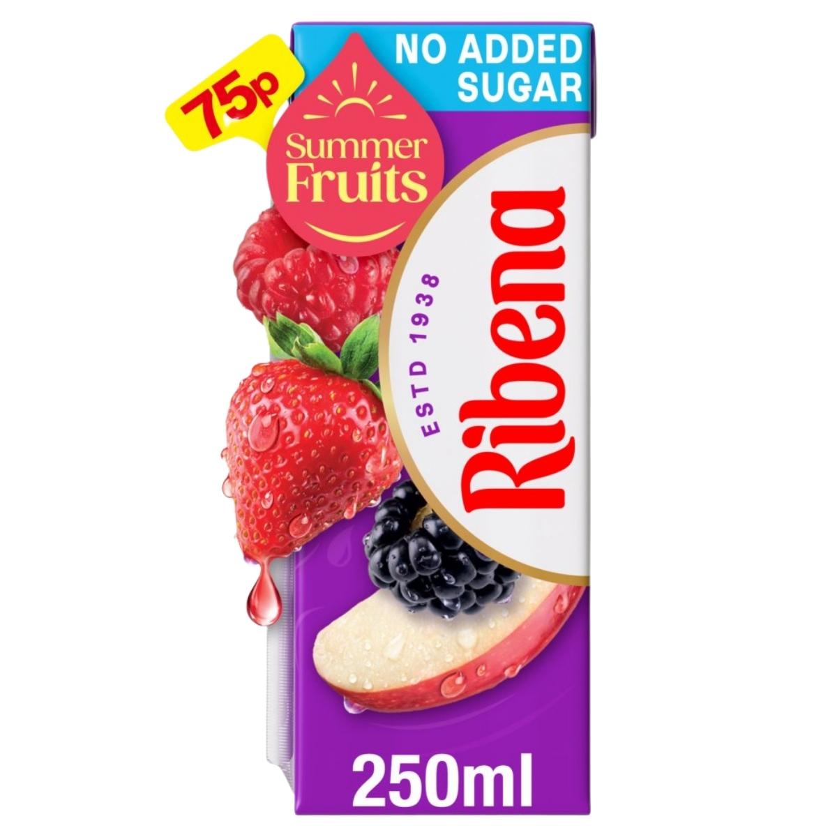Ribena Summer Fruits juice box with fruit illustration and price tag on a white background