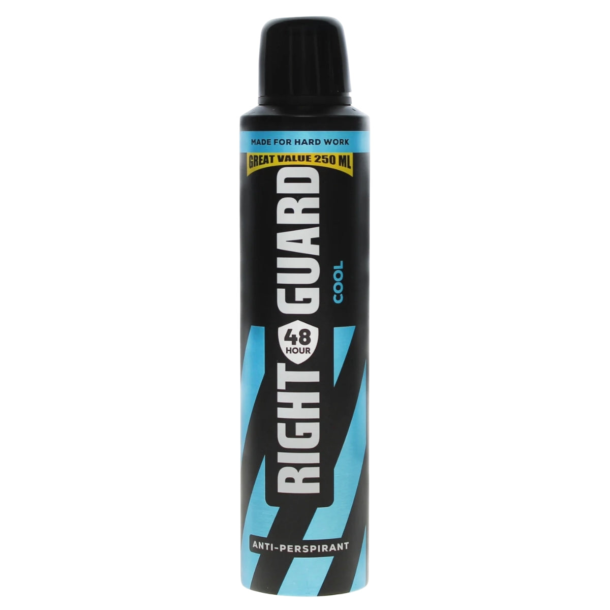 A 250ml can of Right Guard - Cool Anti-Perspirant Deodorant Spray, offering 48-hour protection. It features a black cap and blue design on the front, and is formulated with aluminium chlorohydrate to effectively reduce perspiration and help keep you feeling fresh.