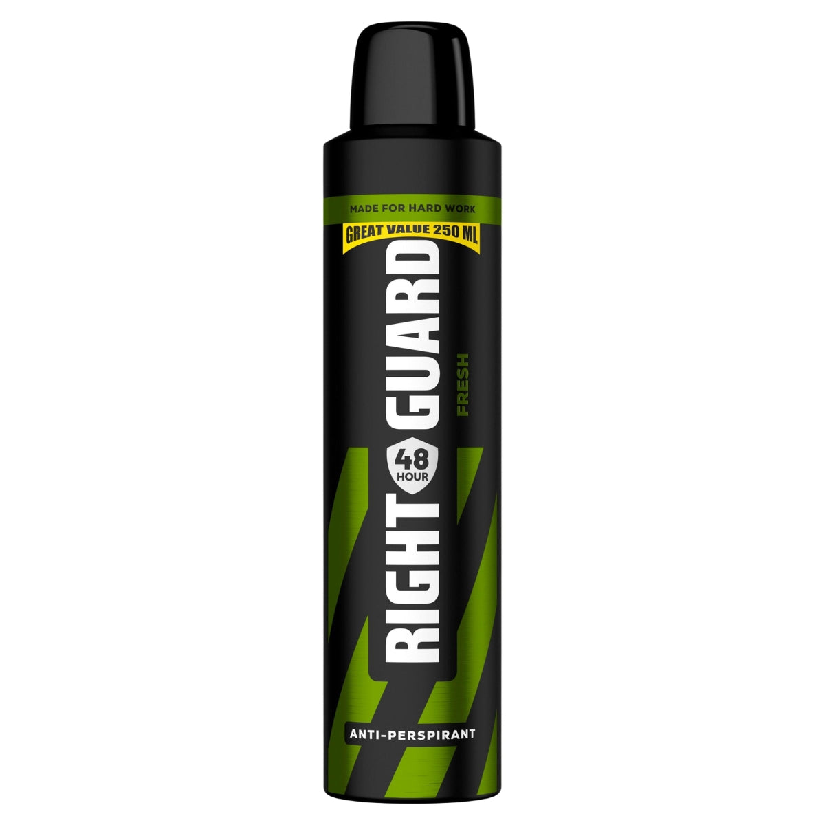 A 250 ml can of Right Guard Fresh Anti-Perspirant Deodorant Spray by Right Guard, featuring a black and green design with a black cap, is labeled “Made for Hard Work” and “Great Value.” Experience up to 48-hour protection with a refreshing scent that helps you stay confident throughout the day.