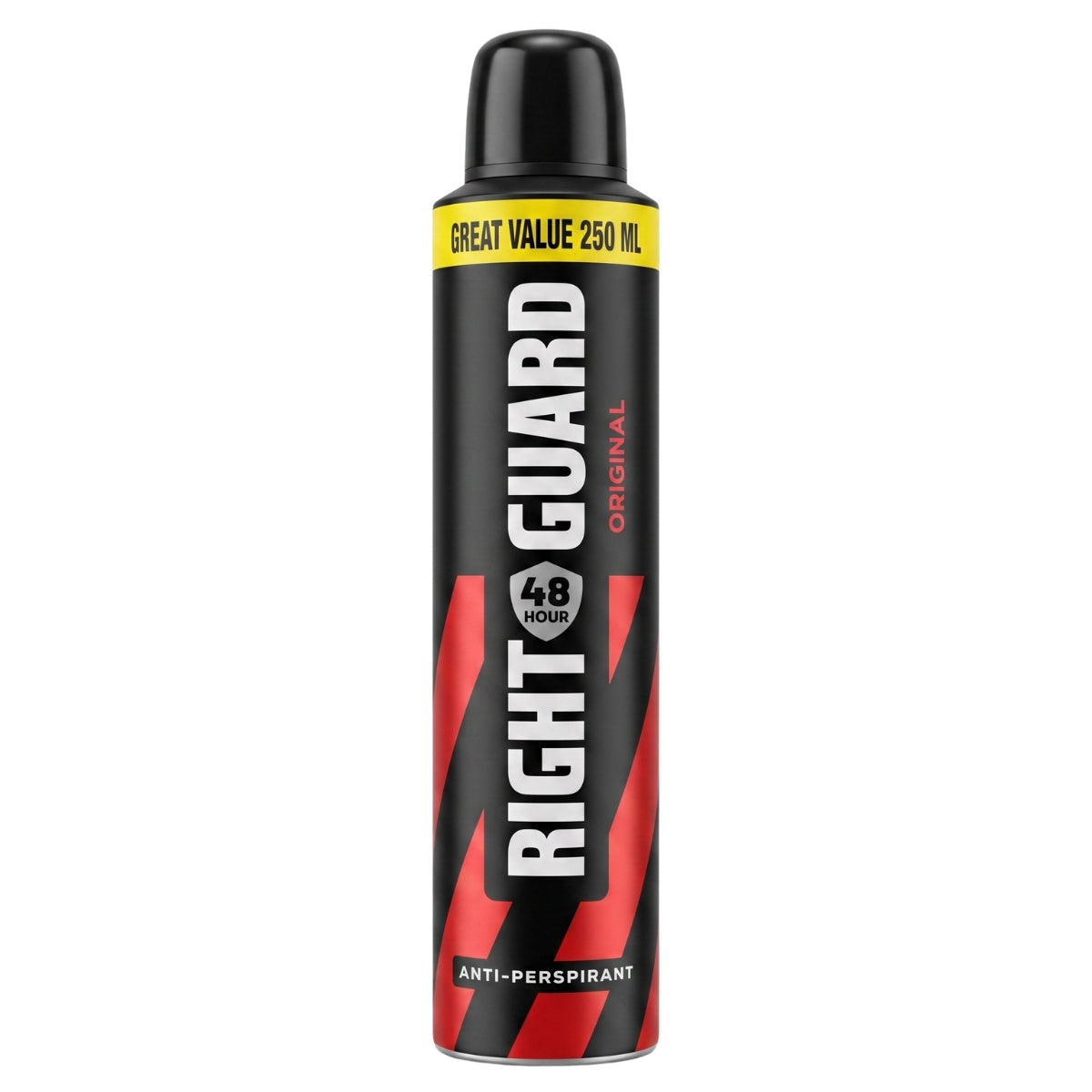 A 250ml can of Right Guard - Original Anti-Perspirant Deodorant Spray, featuring a black and red design with a yellow “Great Value” label at the top, delivers reliable all-day freshness.