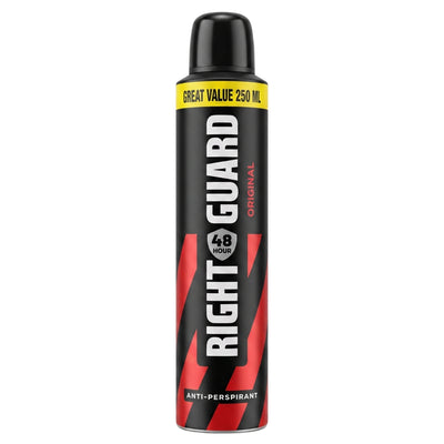 A 250ml can of Right Guard - Original Anti-Perspirant Deodorant Spray, featuring a black and red design with a yellow “Great Value” label at the top, delivers reliable all-day freshness.